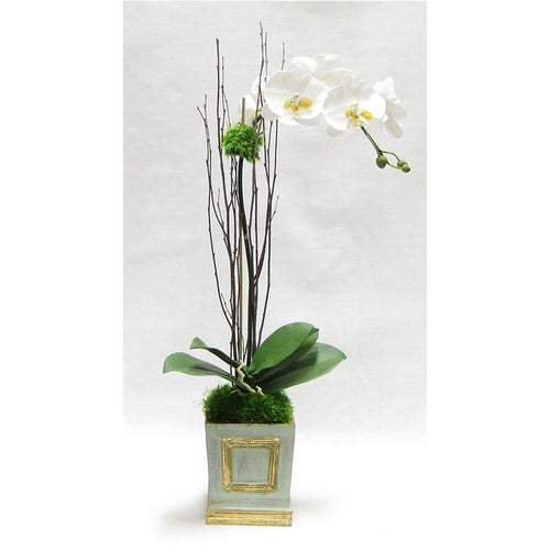 Wooden Small Square Container w/Inset Grey Green - White & Yellow Orchid Artificial