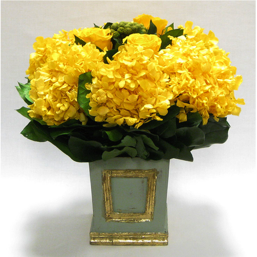 Wooden Small Square Container w/Inset Gray/Green -  Roses, Brunia & Hydrangea Yellow