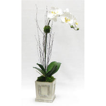 Load image into Gallery viewer, Wooden Small Square Container w/Inset Grey Silver - White &amp; Yellow Orchid Artificial