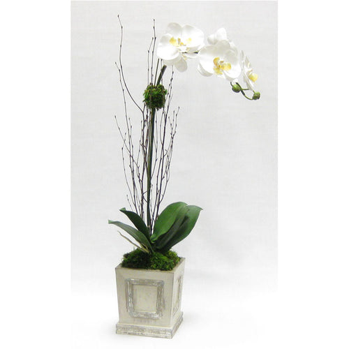 Wooden Small Square Container w/Inset Grey Silver - White & Yellow Orchid Artificial