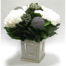 Load image into Gallery viewer, [WMSPI-GS-RBKBRHDW] Wooden Small Square Container w/Inset Grey/Silver - Roses, Branksia, Brunia &amp; Hydrangea White
