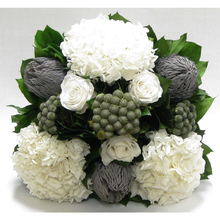 Load image into Gallery viewer, [WMSPI-GS-RBKBRHDW] Wooden Small Square Container w/Inset Grey/Silver - Roses, Branksia, Brunia &amp; Hydrangea White
