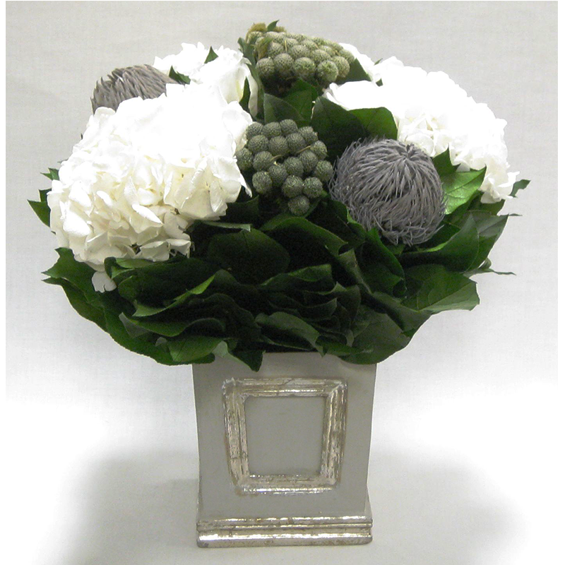 Wooden Small Square Container w/Inset Grey/Silver - Roses, Branksia, Brunia & Hydrangea White