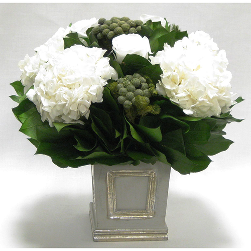 Wooden Small Square Container w/Inset Grey/Silver - Roses, Brunia & Hydrangea White