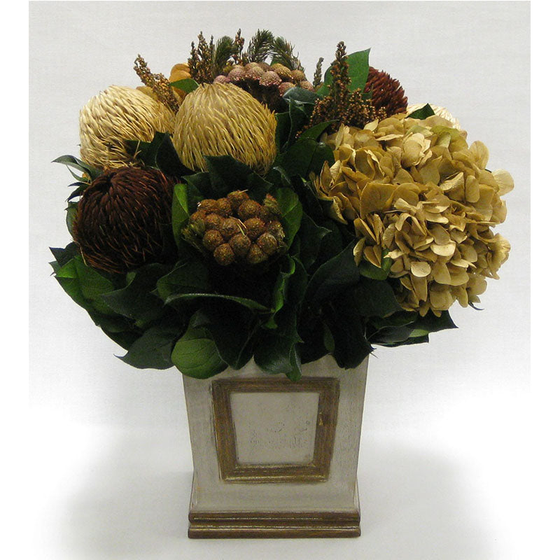 Wooden Small Square Container w/Inset Patina Distressed w/Bronze - Multi Brown and Hydrangea Ivory