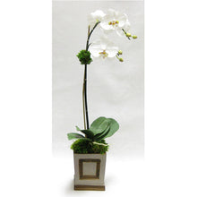 Load image into Gallery viewer, Wooden Small Square Container w/Inset Patina Distressed w/Bronze - White &amp; Green Two Spike Orchid Artificial