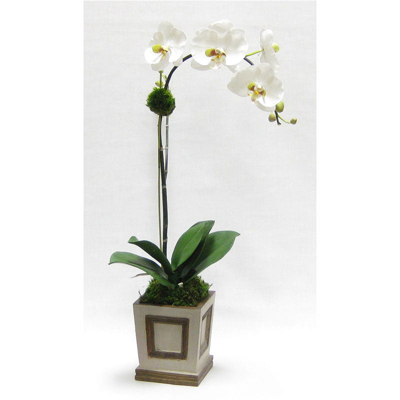 Wooden Small Square Container w/Inset Patina Distressed w/Bronze - White & Green Orchid Artificial