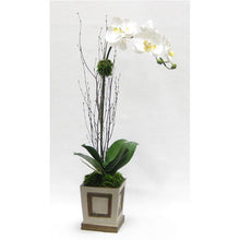 Load image into Gallery viewer, Wooden Small Square Container w/Inset Patina Distressed w/Bronze - White &amp; Yellow Orchid Artificial