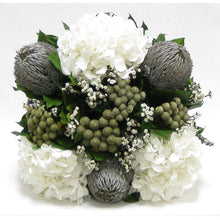 Load image into Gallery viewer, [WMSPI-WA-BKGYHDW] Wooden Mini Square Planter w/Inset Natural - Banksia Gray, Brunia Natural &amp; Hydrangea White
