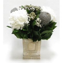 Load image into Gallery viewer, Wooden Mini Square Planter w/Inset Natural - Banksia Gray, Brunia Natural &amp; Hydrangea White