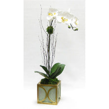 Load image into Gallery viewer, Wooden Mini Square Container w/ Half Circle Green &amp; Antique Gold - White &amp; Yellow Orchid Artificial

