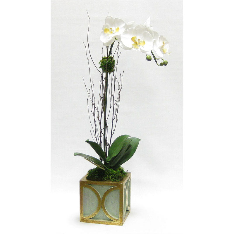 Wooden Mini Square Container w/ Half Circle Green & Antique Gold - White & Yellow Orchid Artificial
