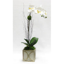 Load image into Gallery viewer, Wooden Mini Square Container w/ Half Circle Grey &amp; Antique Silver - White &amp; Yellow Orchid Artificial