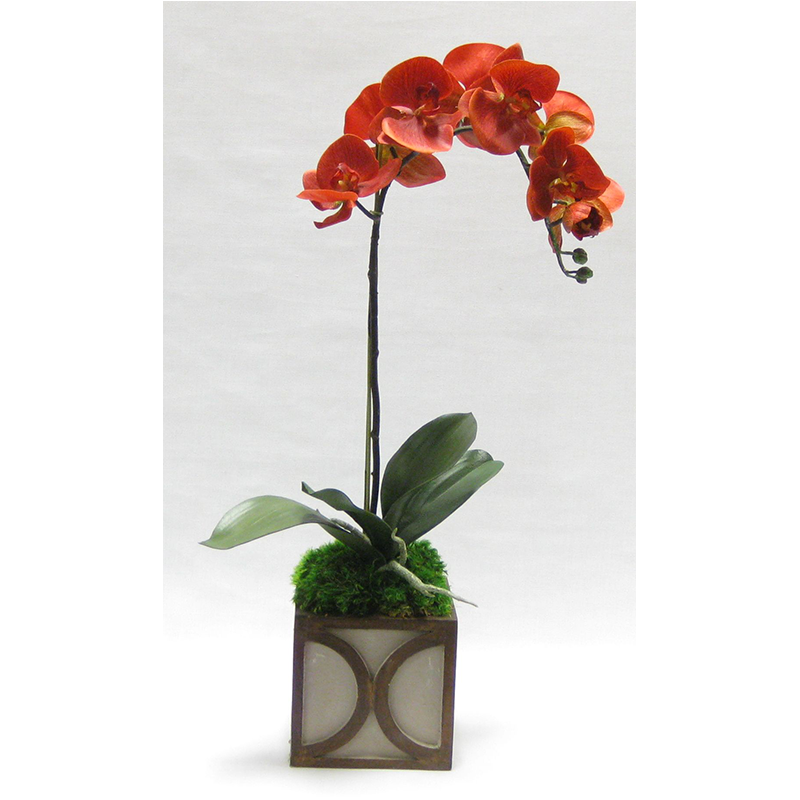 Wooden Mini Square Container w/ Half Circle - Patina Distressed w/Bronze - Orange Orchid Artificial