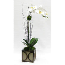 Load image into Gallery viewer, Wooden Mini Square Container w/ Half Circle - Patina Distressed w/ Antique Bronze - White &amp; Yellow Orchid Artificial