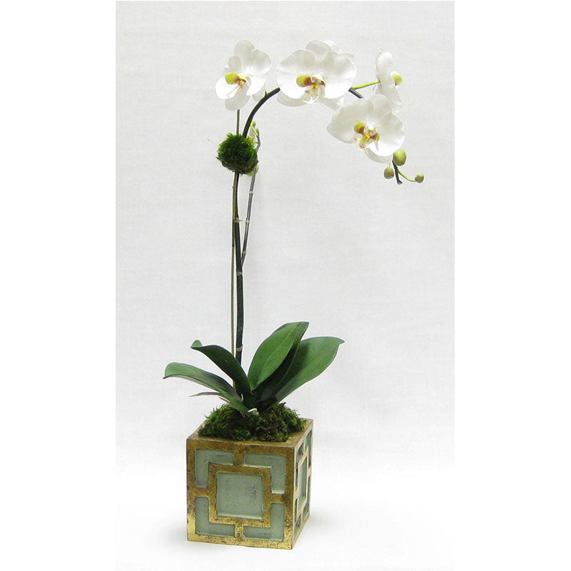 Wooden Mini Square Container w/ Square Green & Antique Gold - White & Green Orchid Artificial