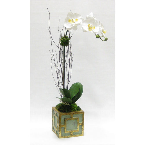Wooden Mini Square Container w/ Square Green & Antique Gold - White & Yellow Orchid Artificial