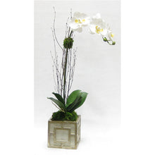 Load image into Gallery viewer, Wooden Mini Square Container w/ Square  Grey &amp; Antique Silver - White &amp; Yellow Orchid Artificial