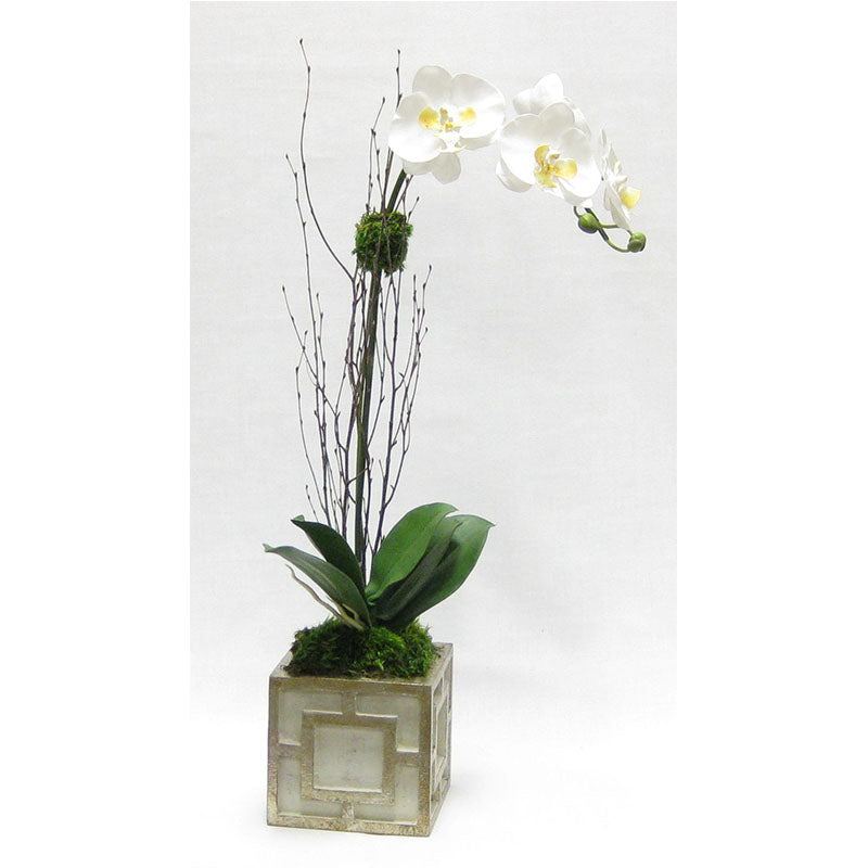 Wooden Mini Square Container w/ Square  Grey & Antique Silver - White & Yellow Orchid Artificial