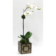 Load image into Gallery viewer, Wooden Mini Square Container w/ Square - Patina Distressed w/ Antique Bronze - White &amp; Green Two Spike Orchid Artificial
