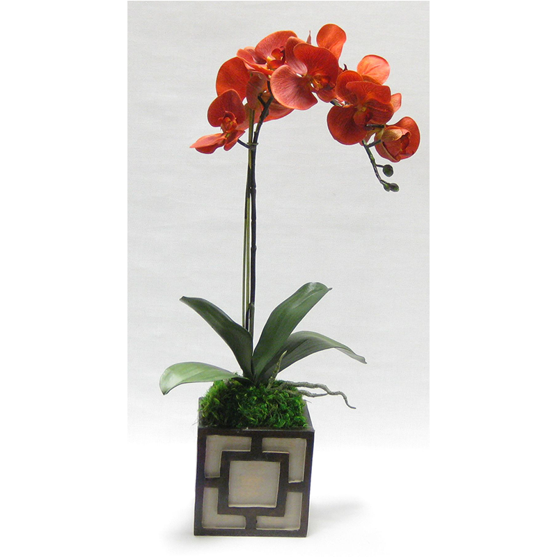Wooden Mini Square Container w/ Square - Patina Distressed w/Bronze - Orange Orchid Artificial