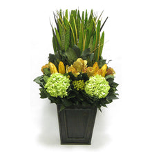 Load image into Gallery viewer, Wooden Narrow Flared Container Black Antique - Pensularia Moss, Banksia Coccinea Basil, Protea Yellow &amp; Hydrangea Basil
