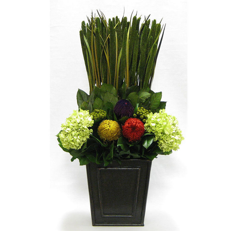 Wooden Narrow Flared Container Black Antique - Banksia Red, Purple, Yellow, Teasil Burgundy, Purple & Hydrangea Basil