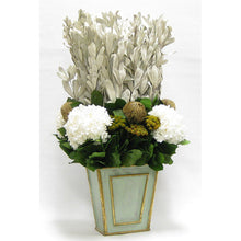 Load image into Gallery viewer, Wooden Narrow Flared Container Gray/Green - Integ, Banksia Gold, Brunia Gold, &amp; Hydrangea White