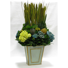 Load image into Gallery viewer, [WNFP-GG-PNHDBHDNB] Wooden Narrow Flared Container Gray/Green - Moss Pensularia, Banksia, Pharalis &amp; Hydrangea Basil &amp; Natural Blue