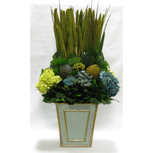 Load image into Gallery viewer, Wooden Narrow Flared Container Gray/Green - Moss Pensularia, Banksia, Pharalis &amp; Hydrangea Basil &amp; Natural Blue