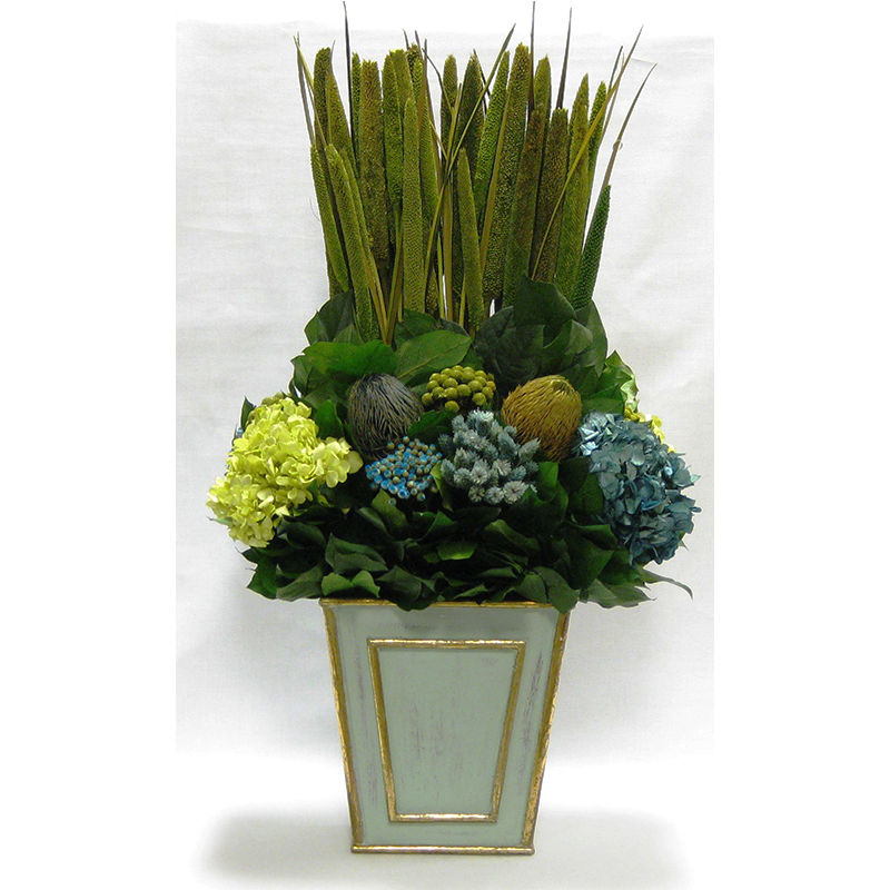 Wooden Narrow Flared Container Gray/Green - Moss Pensularia, Banksia, Pharalis & Hydrangea Basil & Natural Blue