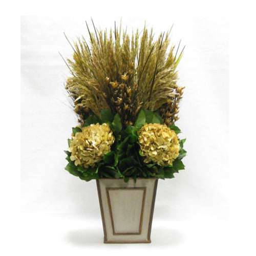 Wooden Narrow Flared Container - Patina Distressed w/ Bronze - Grass Plumes & Hydrangea Ivory