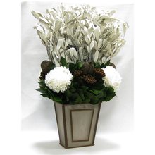 Load image into Gallery viewer, [WNFP-PD-IBKBZHDW] Wooden Narrow Flared Container - Patina Distressed w/ Bronze - Integ White, Banksia Bronze, Roses &amp; Hydrangea White