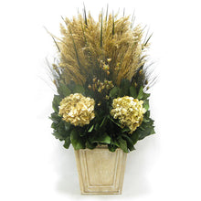 Load image into Gallery viewer, Wooden Narrow Flared Container Weathered Antique - Grass Plumes &amp; Hydrangea Ivory
