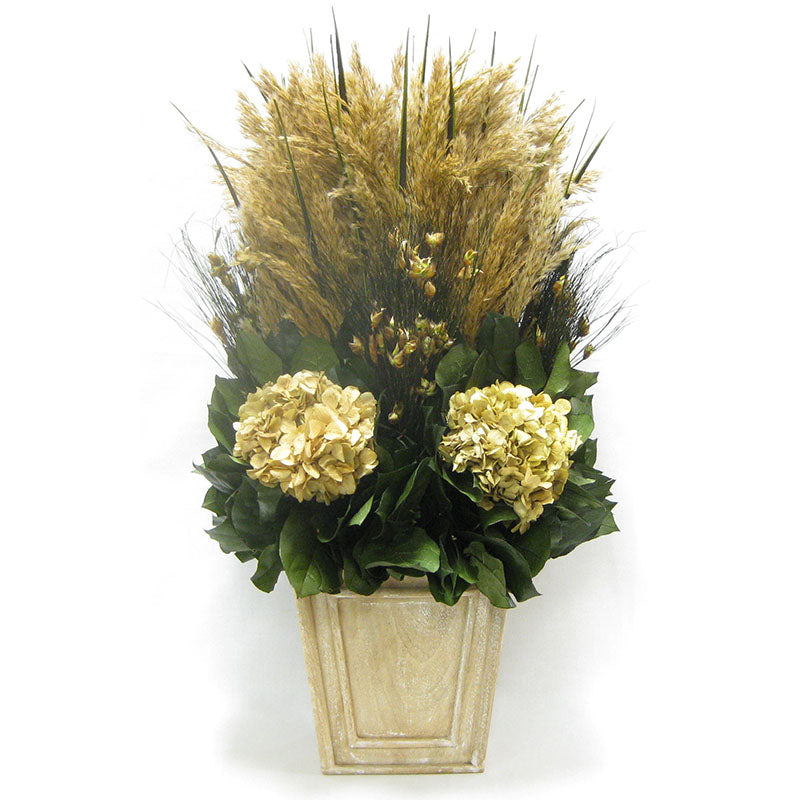 Wooden Narrow Flared Container Weathered Antique - Grass Plumes & Hydrangea Ivory