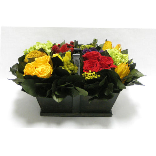 Wooden Rect Basket Large Antique Black - Multicolor w/Clover, Roses, Banksia, Protea & Hydrangea Basil