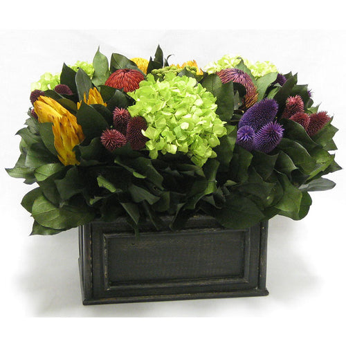 Wooden Rect Container Black Antique -  Banksia Red, Purple, Yellow, Teasil Burgundy, Purple & Hydrangea Basil