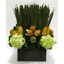 Load image into Gallery viewer, Wooden Rect Container Black Antique - Pensularia Moss, Banksia Coccinea Basil, Protea Yellow &amp; Hydrangea Basil
