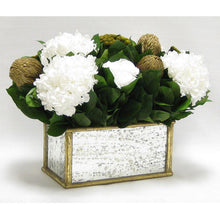 Load image into Gallery viewer, [WRP-GAM-RBKGOHDW] Wooden Rect Container - Gold Antique w/ Antique Mirror - Roses White, Banksia Gold, Brunia Gold &amp; Hydrangea White