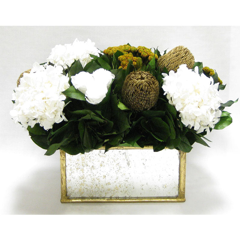 Wooden Rect Container - Gold Antique w/ Antique Mirror - Roses White, Banksia Gold, Brunia Gold & Hydrangea White