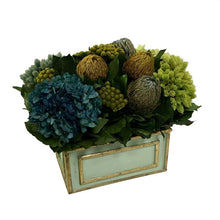 Load image into Gallery viewer, [WRP-GG-HDBHDNB] Wooden Rect. Container Grey Green w/ Gold - Banksia, Pharalis &amp; Hydrangea Basil &amp; Natural Blue