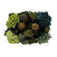 Load image into Gallery viewer, [WRP-GG-HDBHDNB] Wooden Rect. Container Grey Green w/ Gold - Banksia, Pharalis &amp; Hydrangea Basil &amp; Natural Blue
