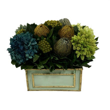 Load image into Gallery viewer, Wooden Rect. Container Grey Green w/ Gold - Banksia, Pharalis &amp; Hydrangea Basil &amp; Natural Blue