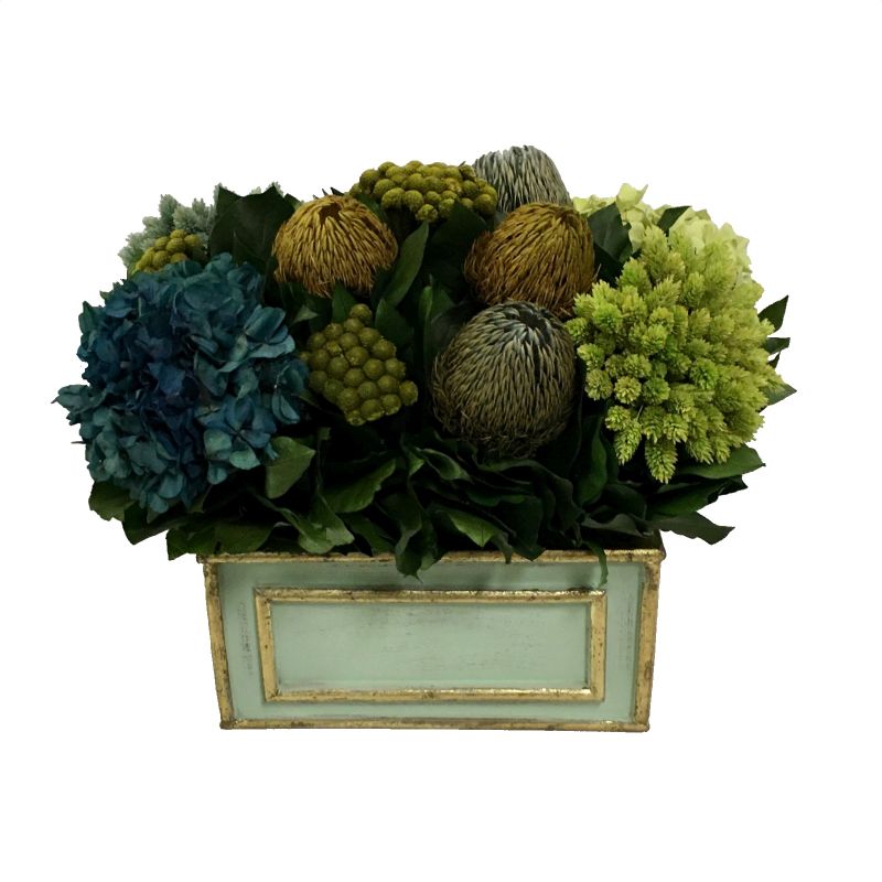 Wooden Rect. Container Grey Green w/ Gold - Banksia, Pharalis & Hydrangea Basil & Natural Blue