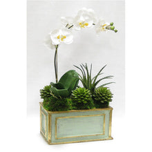 Load image into Gallery viewer, [WRP-GG-ORYESUB] Wooden Rect Container Gray/Green  - White &amp; Yellow Orchid w/Succulents