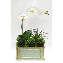 Load image into Gallery viewer, Wooden Rect Container Gray/Green  - White &amp; Yellow Orchid w/Succulents