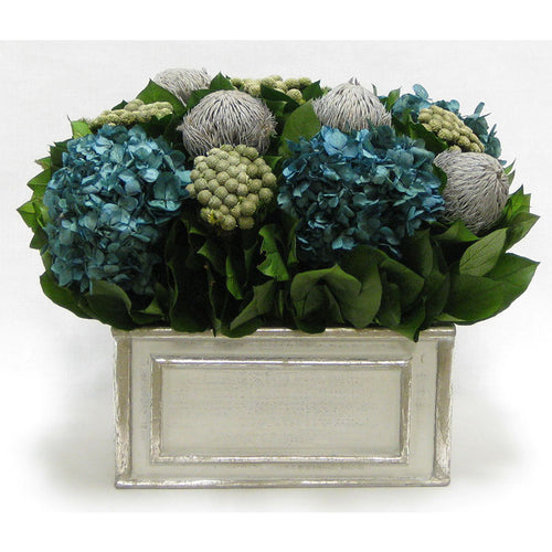 Wooden Rect Grey Silver Container - Banksia Lt Grey, Brunia Nat & Hydrangea Natural Blue