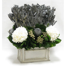 Load image into Gallery viewer, [WRP-GS-IGYBKSIHDW] Wooden Rect Grey Silver Container - Integ Grey, Banksia Silver, Brunia Natural &amp; Hydrangea White