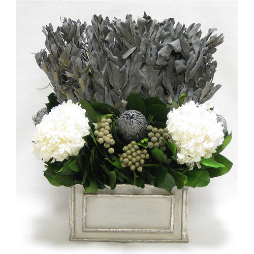 Wooden Rect Grey Silver Container - Integ Grey, Banksia Silver, Brunia Natural & Hydrangea White