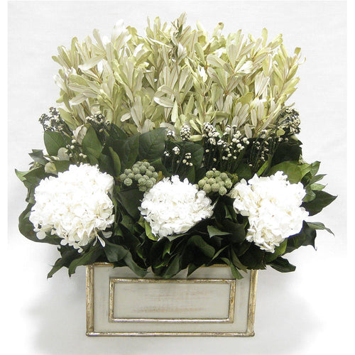 Wooden Rect Grey Silver Container - Integ, Phylica White, Brunia Natural & Hydrangea White